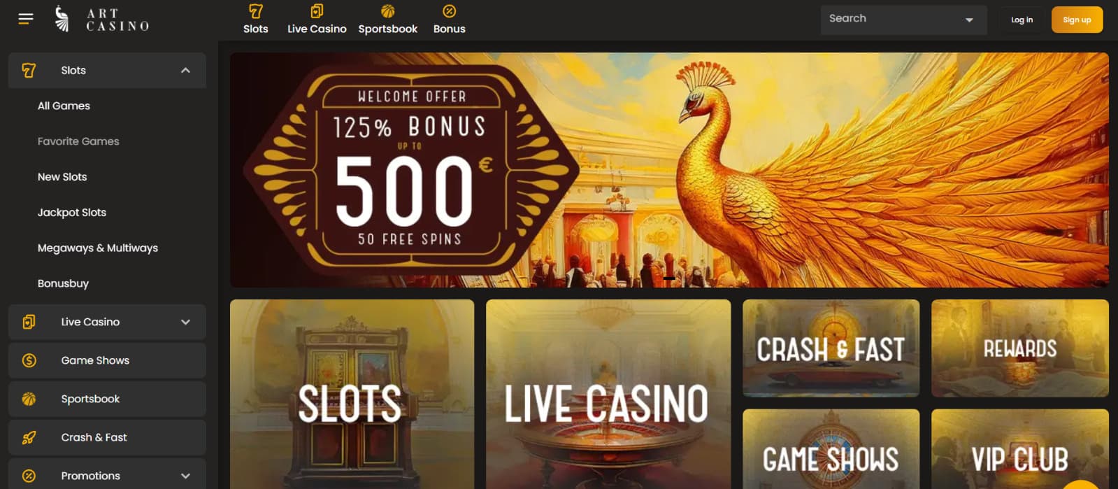 Art Casino homepage featuring the welcome bonus banner and quick-access sections for slots, live casino, crash games, and rewards.