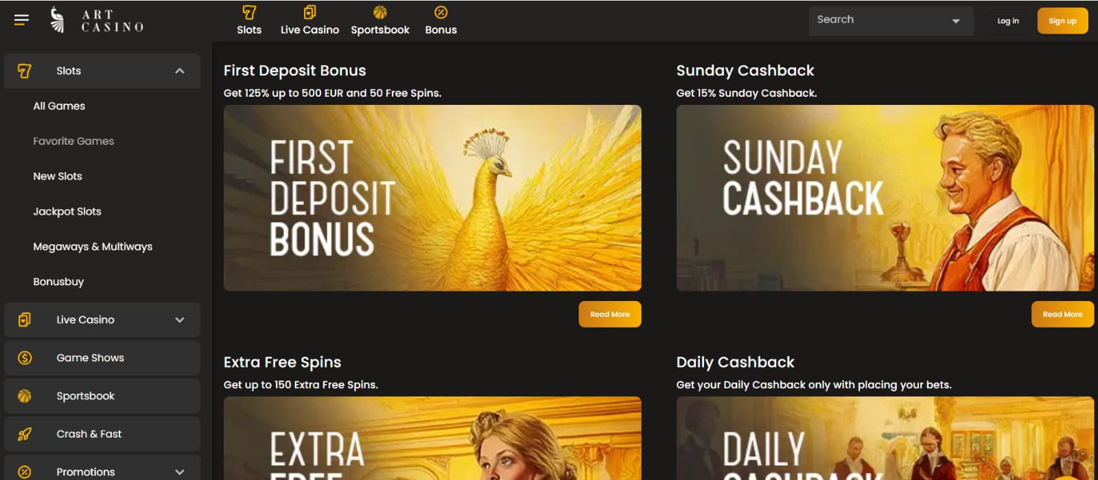  Art Casino promotions page displaying the first deposit bonus, Sunday cashback, extra free spins, and daily cashback offers.
