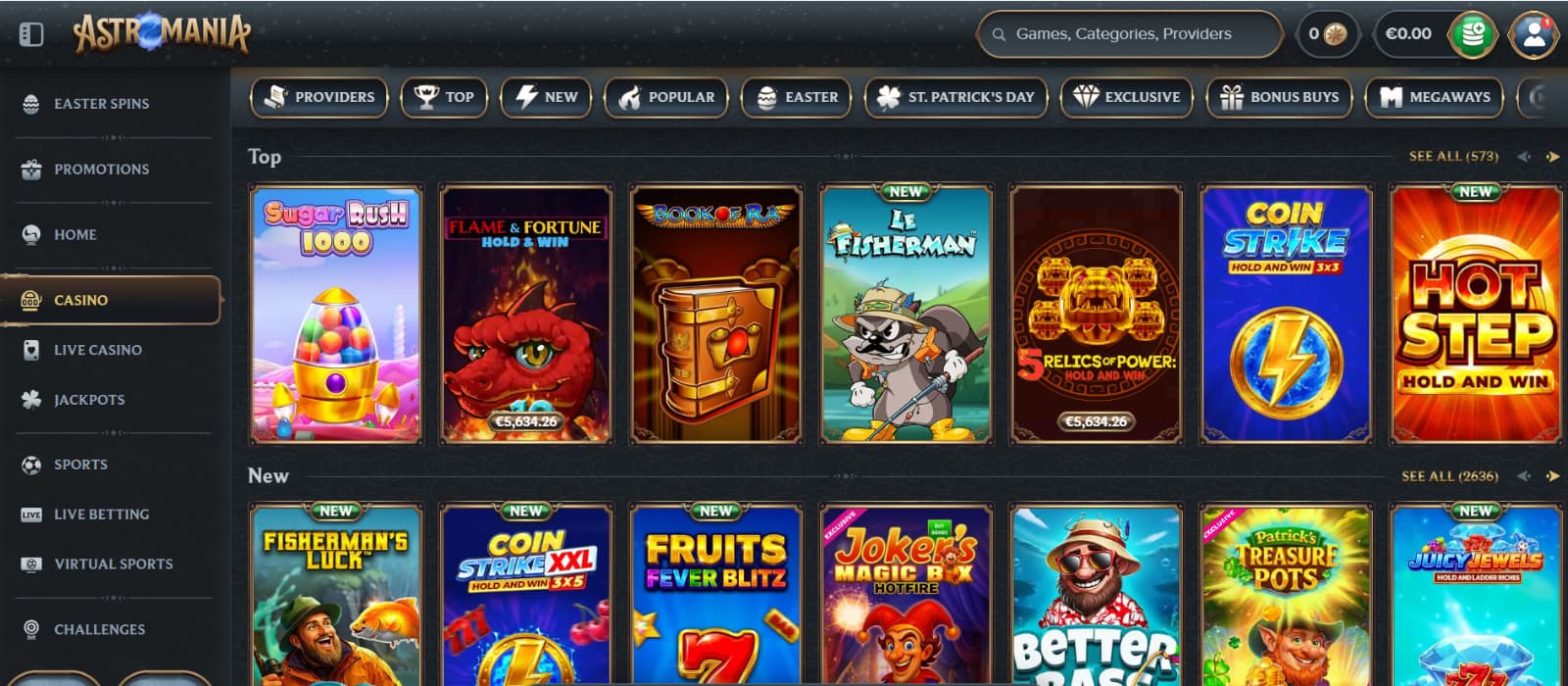 Astromania Casino game lobby with slot categories, popular games, and provider filters