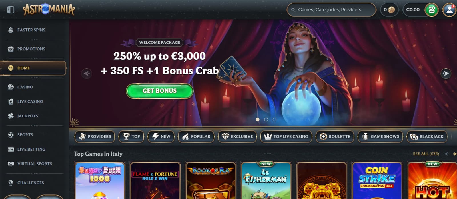Astromania Casino homepage showing welcome bonus banner, cosmic theme design, and main navigation menu