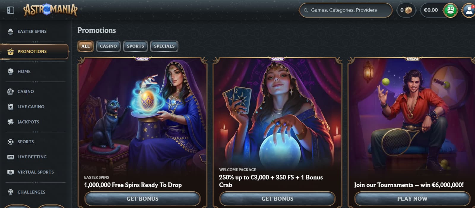 Astromania Casino promotions page featuring welcome bonus, Easter free spins, and tournament offer