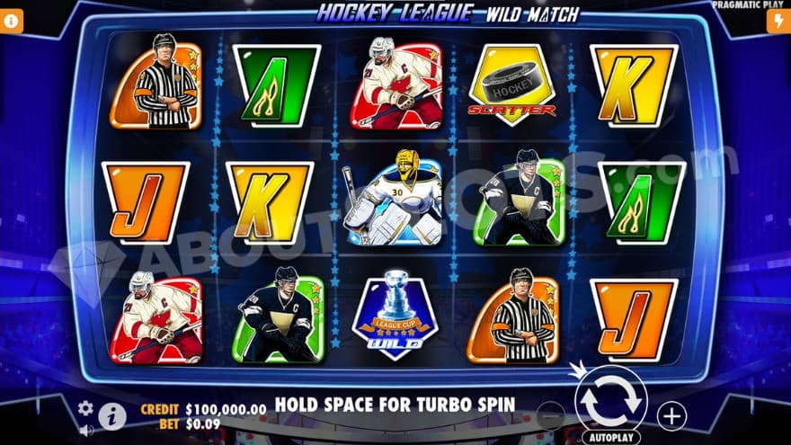 Base game with hockey players on the reels as symbols.
