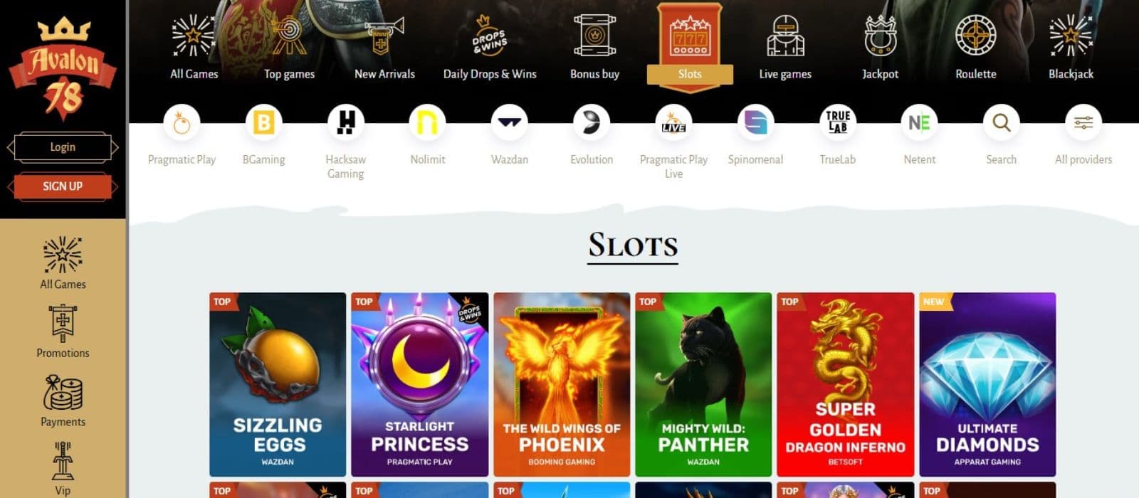 Avalon78 Casino's slot games category, showing titles like Starlight Princess and other exciting games.