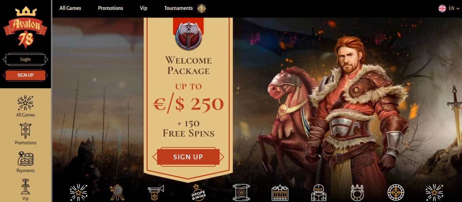 Avalon78 Casino's homepage, showing the welcome bonus banner, game avatars, and sidebar menu.