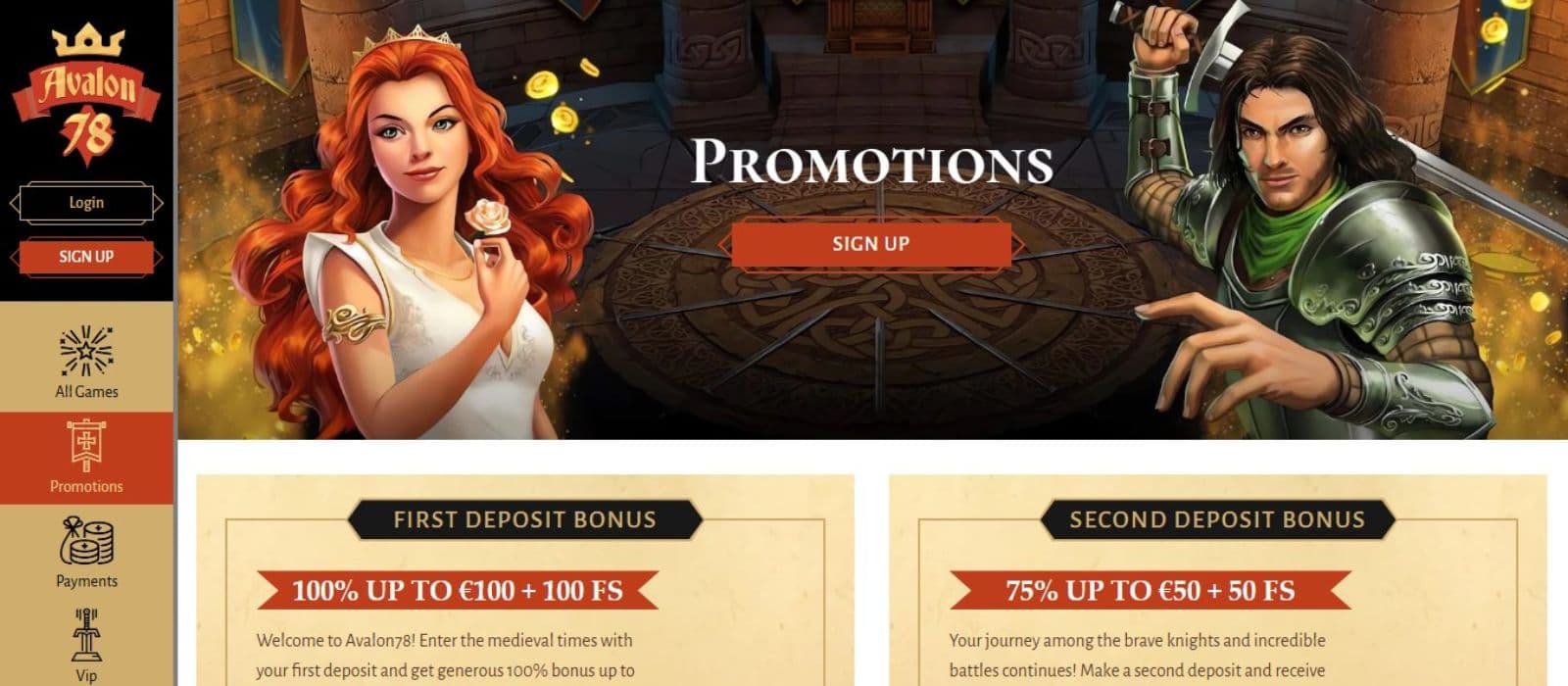 Avalon78 Casino's promotions page, showing the 1st and 2nd Deposit bonuses.