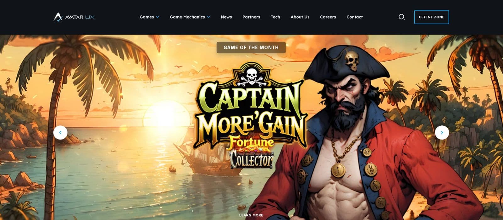 Avatar UX homepage with captain more gain fortune collector banner