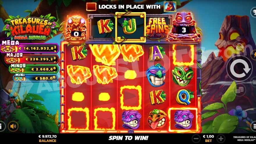 Wild Symbols are placed in positions with lava frames during the Lava Spin feature.