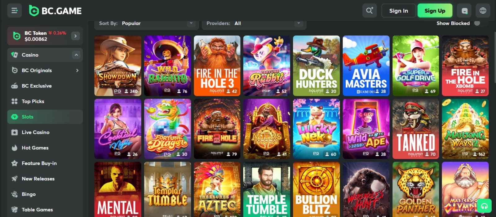 BC.Game Casino games page with the colorful slot game icons and left side navigation menus
