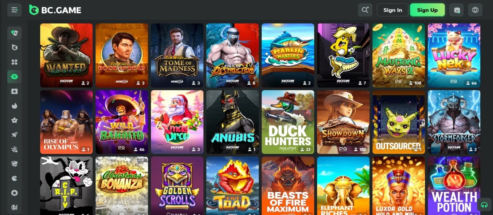 BCGame Casino games page with the various slot game icons and side navigational panel and sign up option at the top