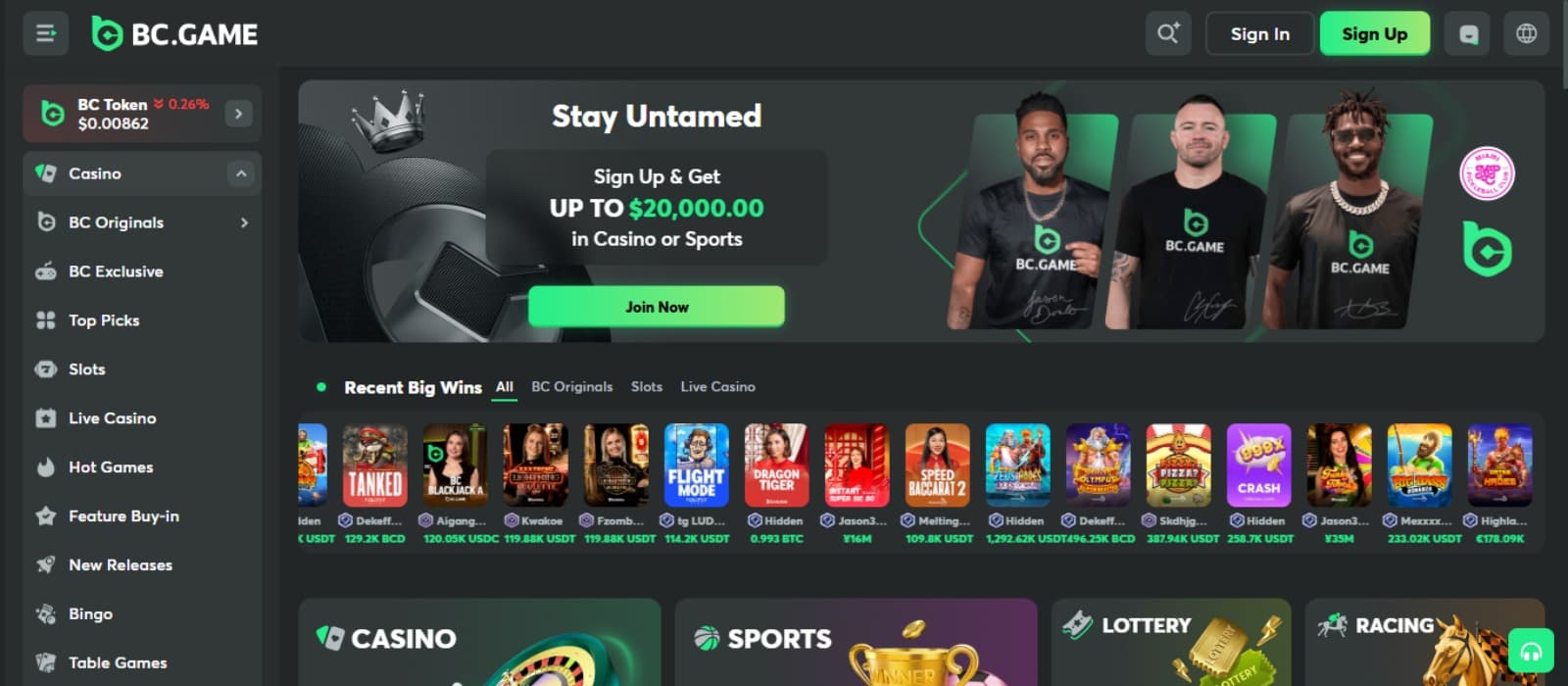 BC.Game Casino landing page with the images of soccer players, slot game icons, various casino sections images and side navigation menus