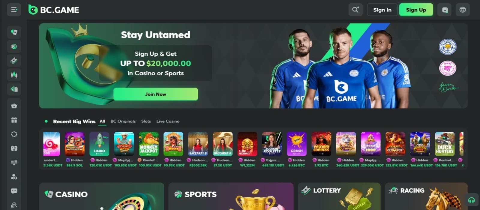 BCGame Casino landing page with the welcome bonus offer and Leicester team in a banner, various slot game icons and promotion banners below and side navigational panel