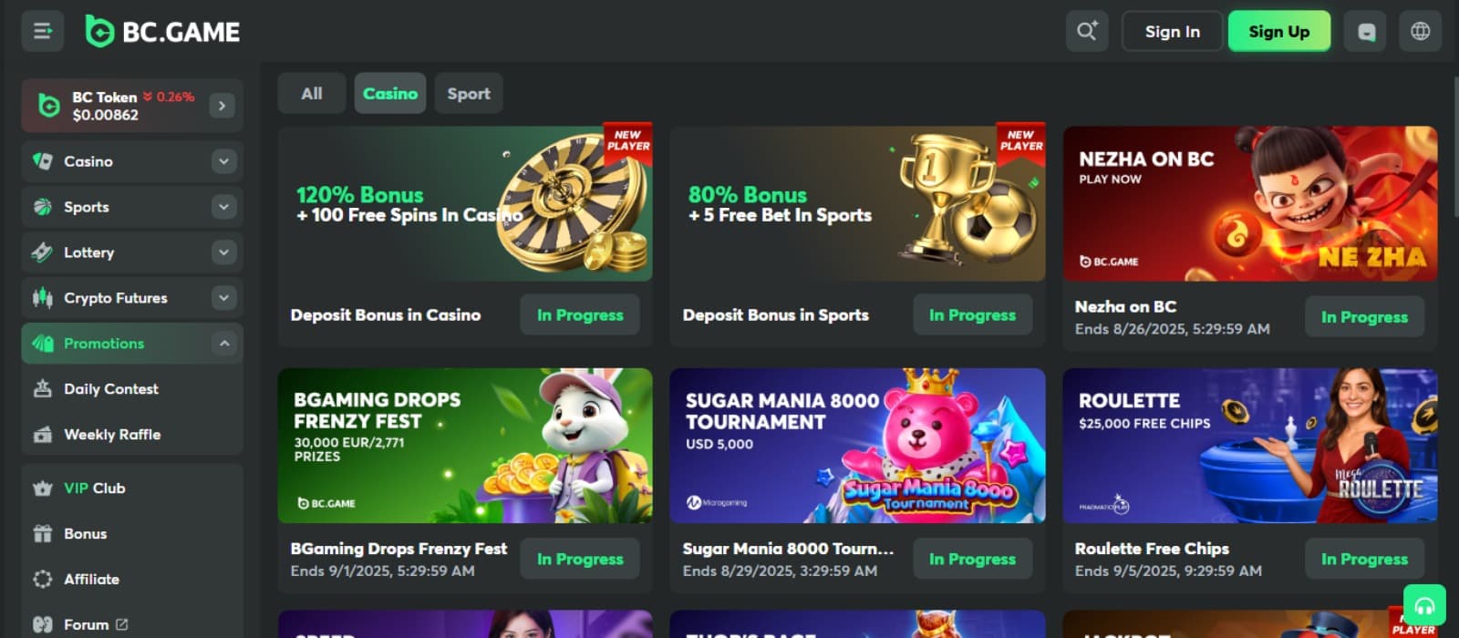 BC.Game Casino promotions page with the various bonus offer banners with animated images, their descriptions and side navigation menus on the left side