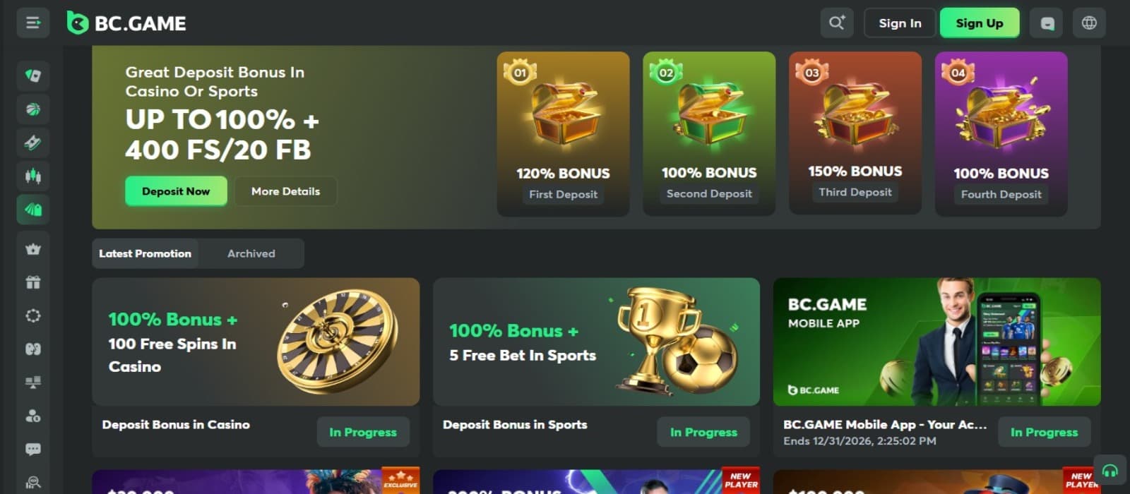 BCGame Casino promotions page with the welcome bonus and other bonus banners and side navigational panel with sign up option at the top
