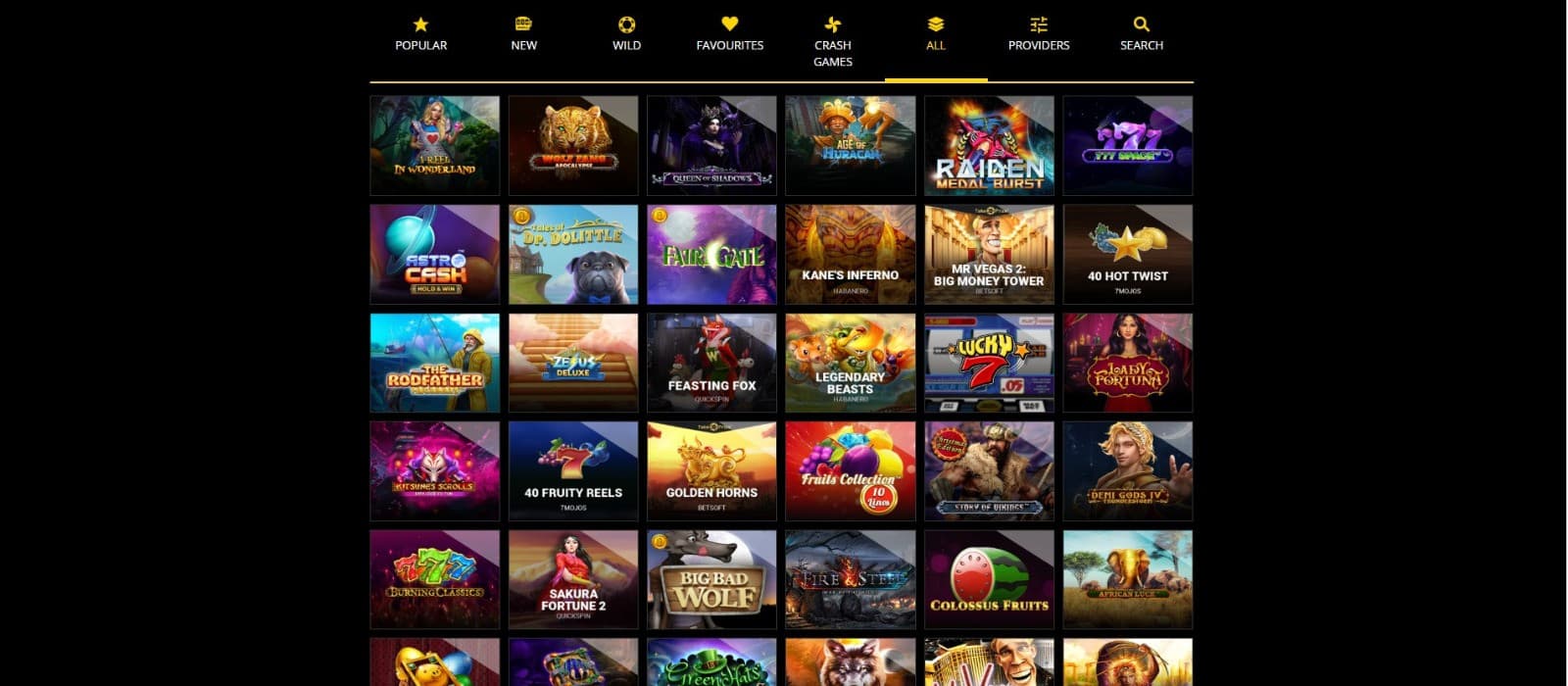 The games page of B-Bets Casino presents a wide range of casino slots, such as 1 Reel in Wonderland, Wolf Fang Apocalypse, and more.