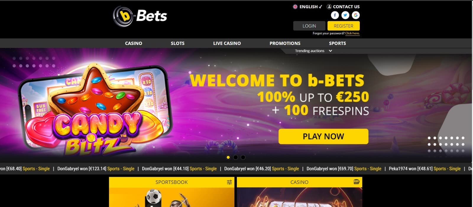 The landing page of B-Bets Casino displays the welcome bonus of up to 250 euros and 100 free spins.