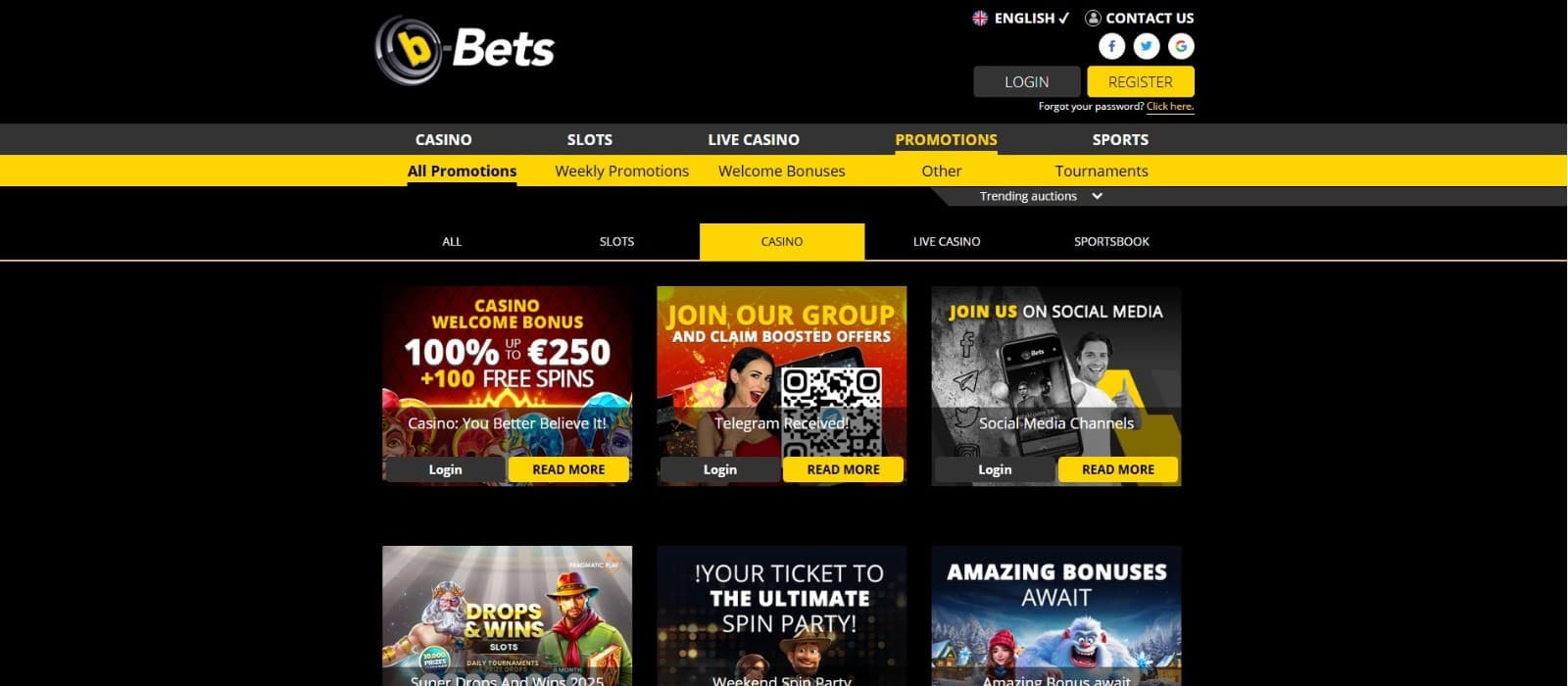 The promotions page of B-Bets Casino showcases a range of casino bonuses, such as the welcome bonus, Drops and Wins, and more.