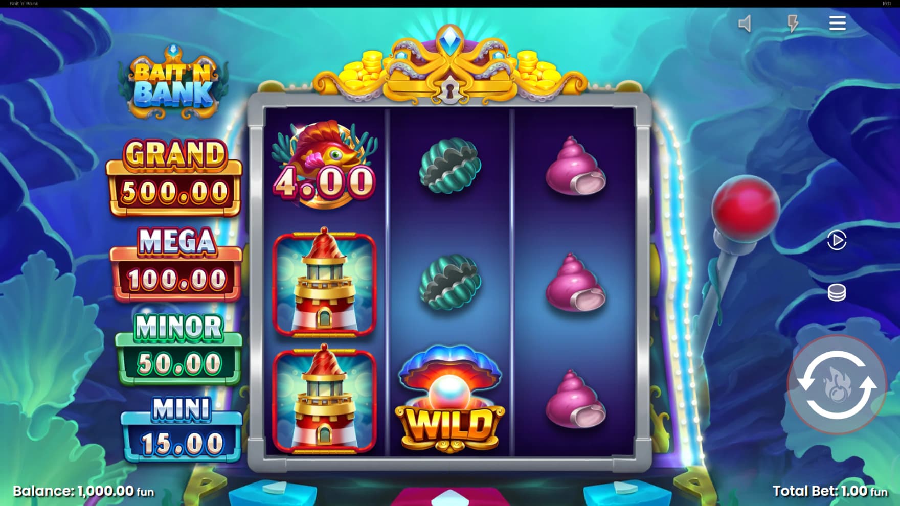The game is set on the sea floor with a fully functioning slot machine