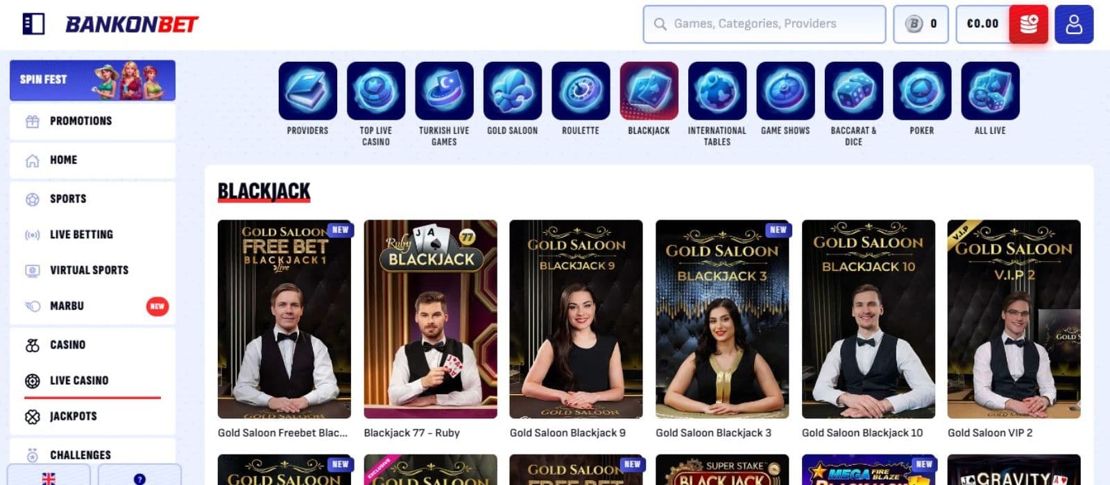 Bankonbet Casino's live games section, showing variations of blackjack.