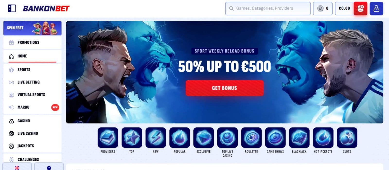 Bankonbet Casino's landing page, showing a sidebar menu and the weekly sportsbook reload bonus.