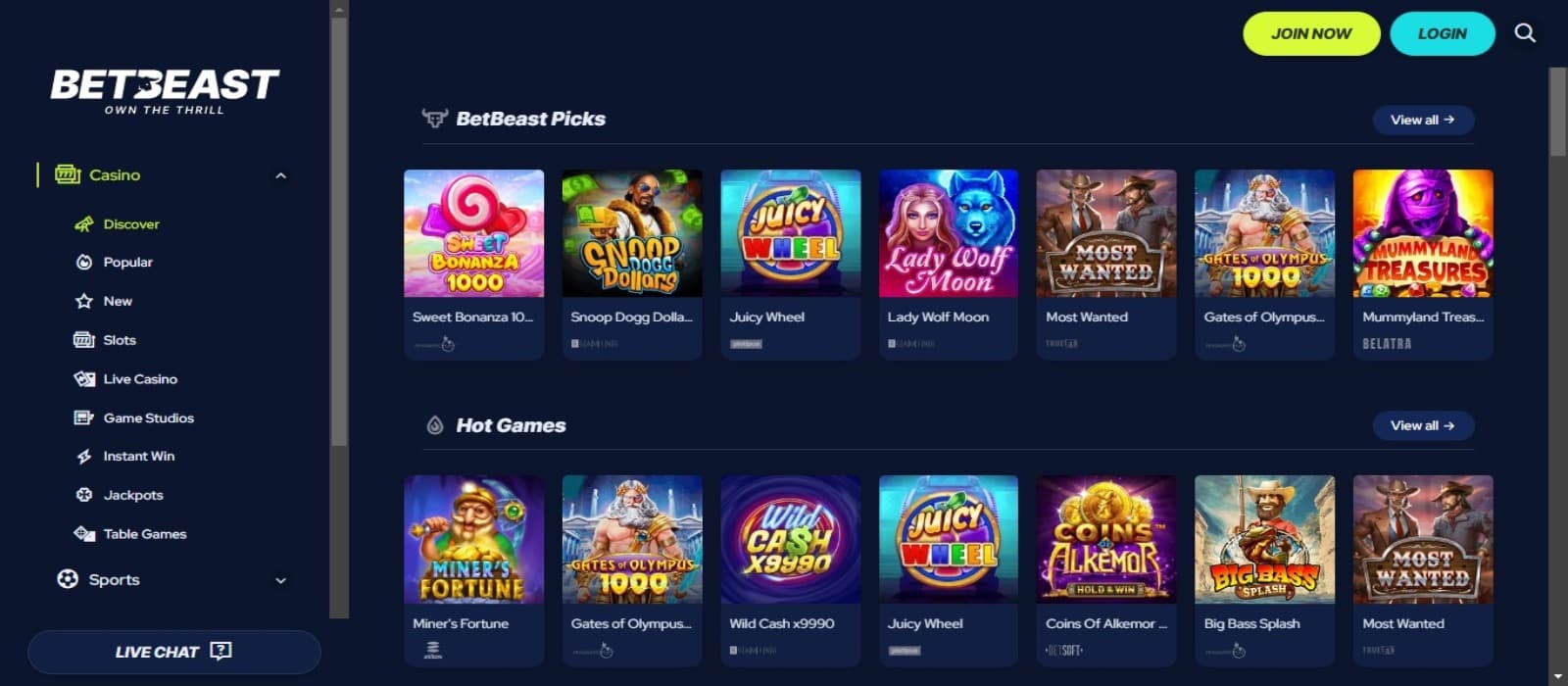 BetBeast Casino games page with the slot game icons and categories of slots and side navigation menus for game selection