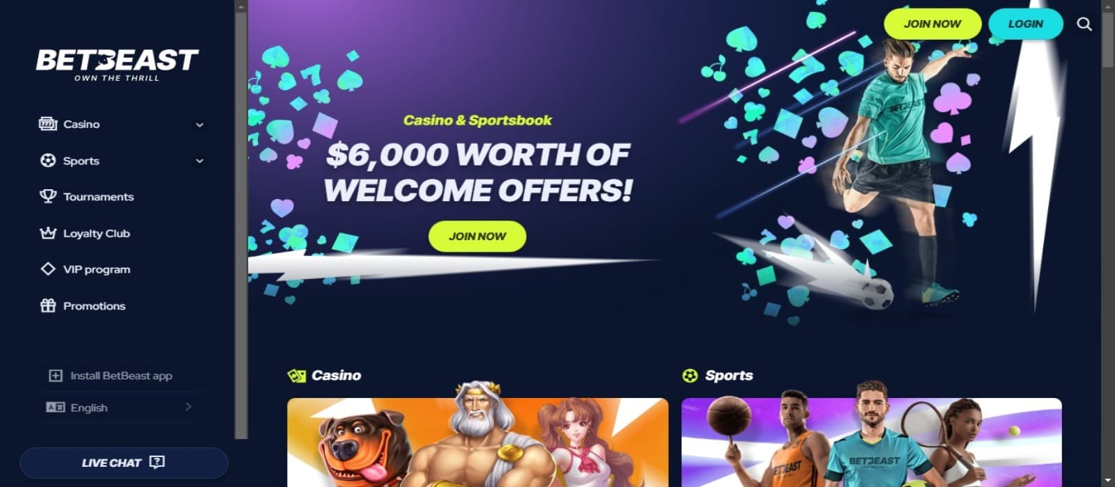 BetBeast Casino landing page with the welcome bonus offers banner and side navigation menus with game icons below