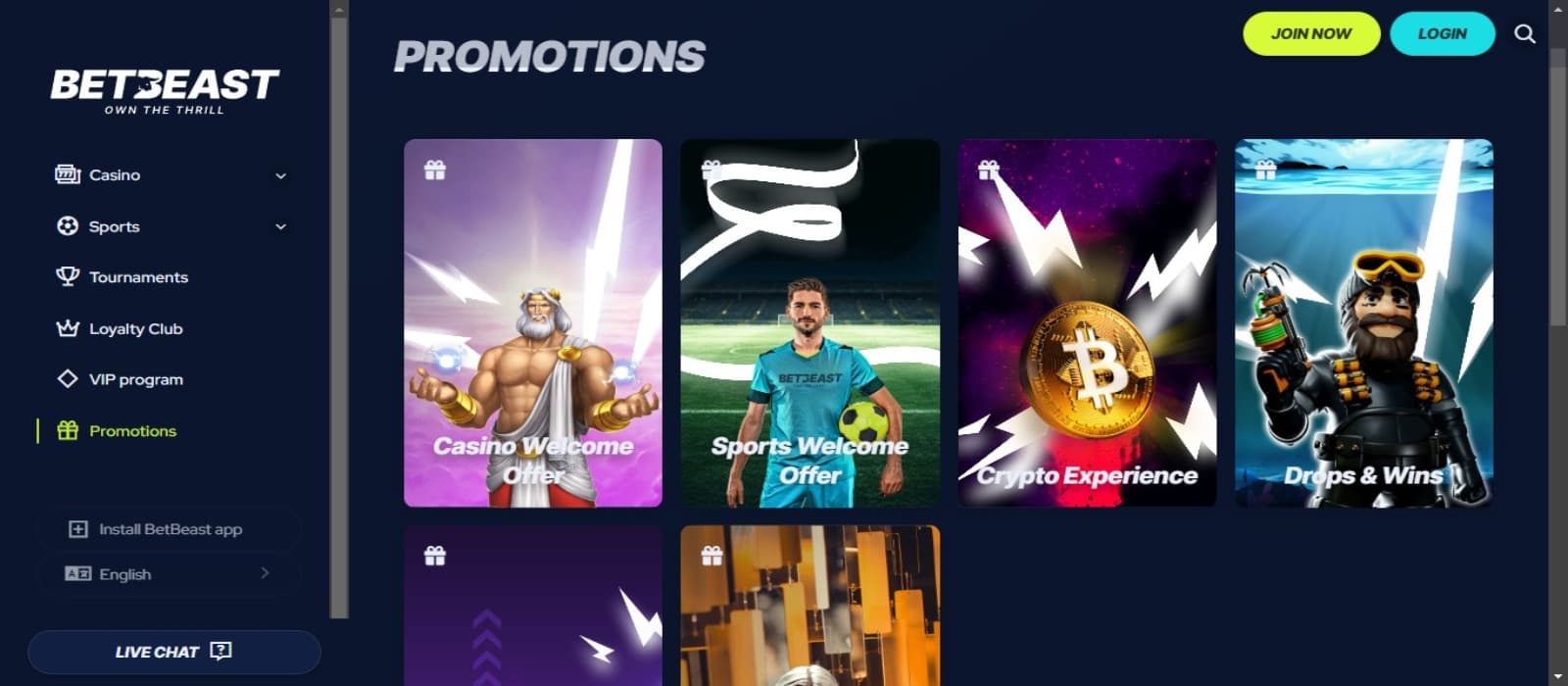 BetBeast Casino promotions page with the bonus and promotions offer banners and side navigation menus