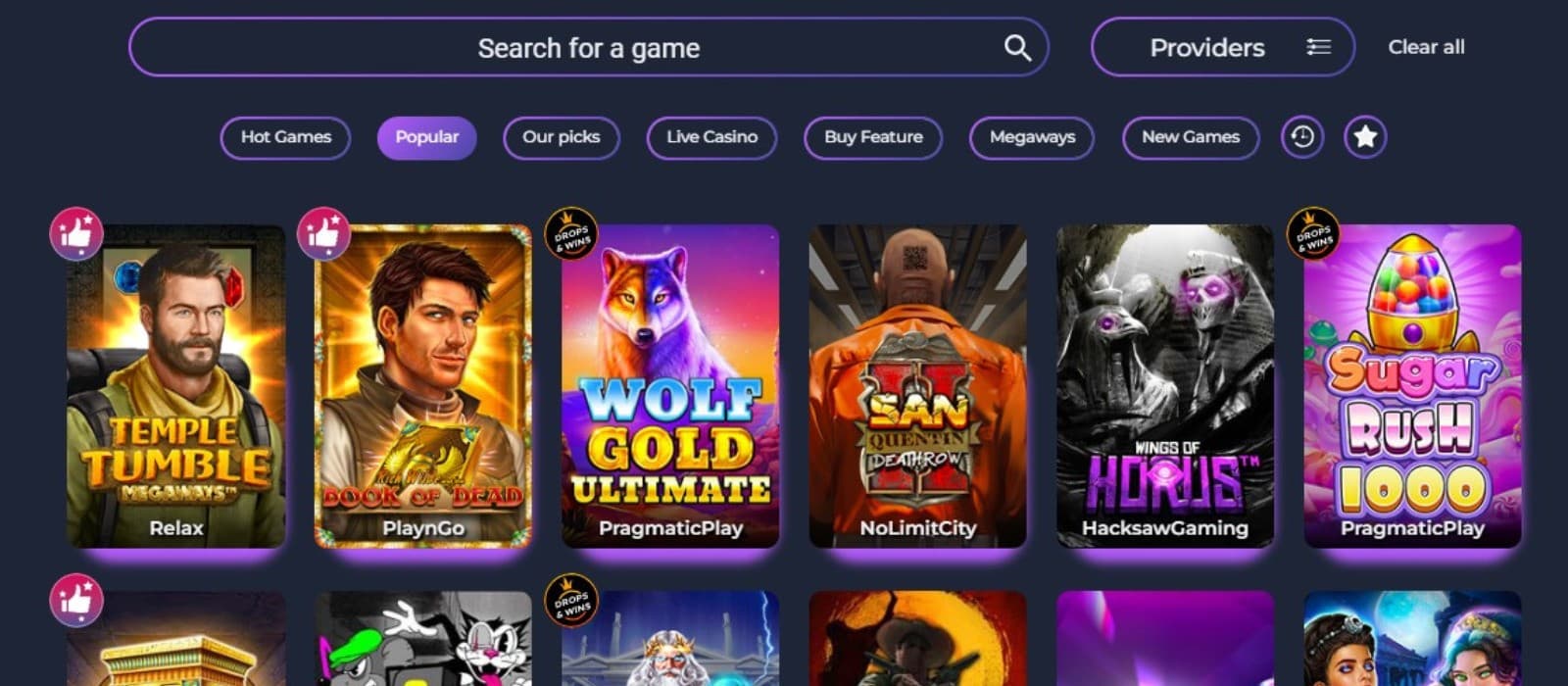 Bet It All Casino offers a variety of slot games,such as Temple Tumble and Wolf Gold Ultimate.