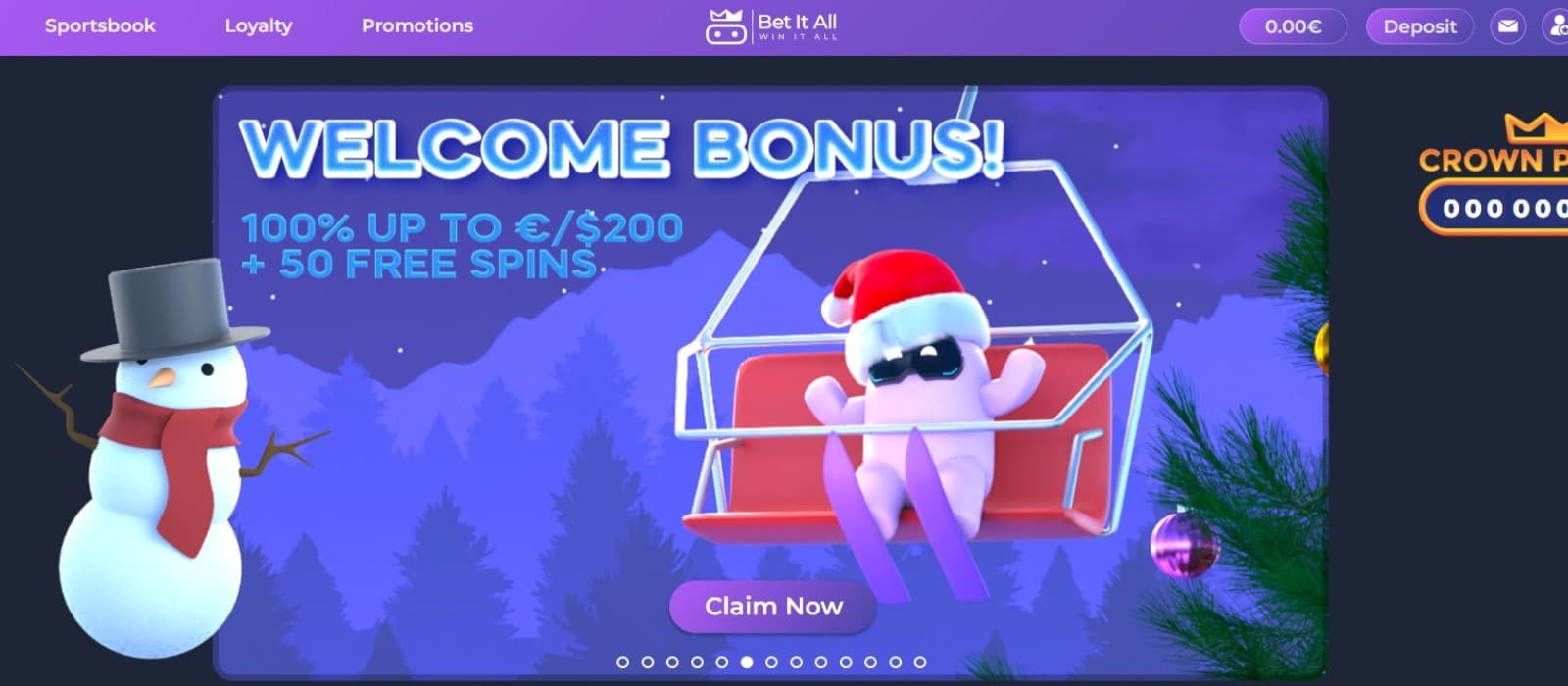  Bet It All Casino's landing page offers a welcome bonus of 100% up to 200 euros and 50 free spins.
