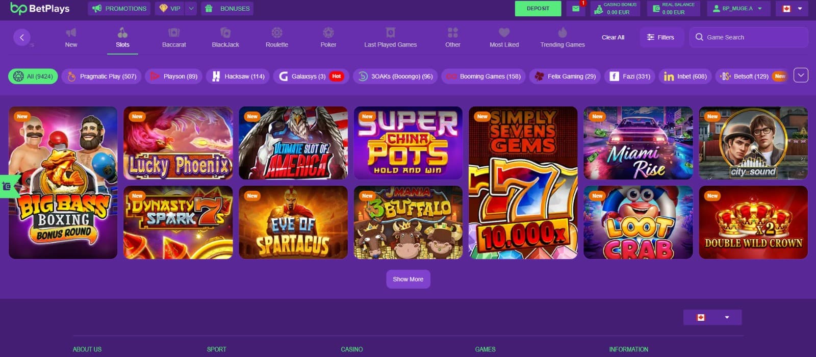 The games page of BetPlays Casino presents the video slots, such as Big Bass Boxing, Lucky Phoenix, and more.
