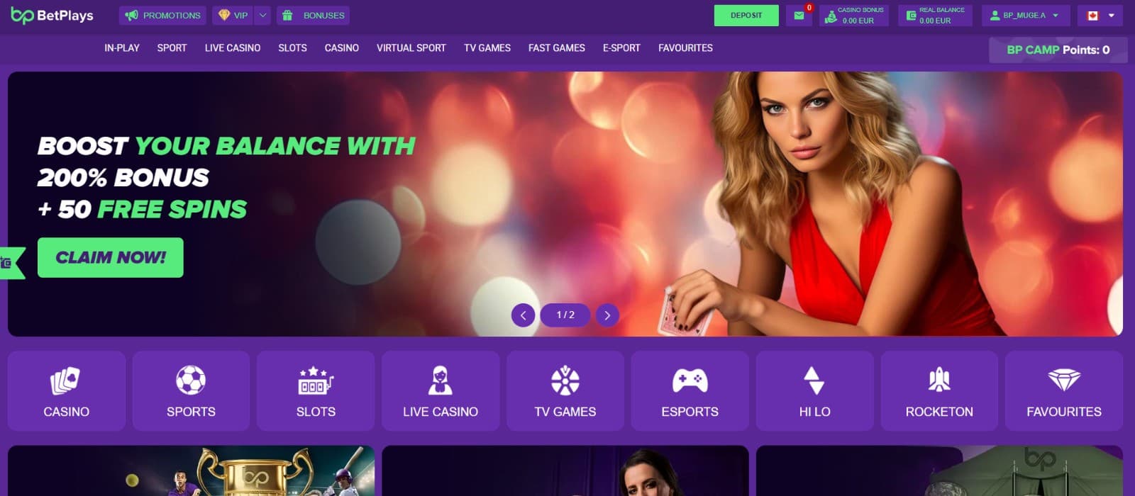 The landing page of BetPlays Casino showcases the 200% casino bonus along with 50 free spins.