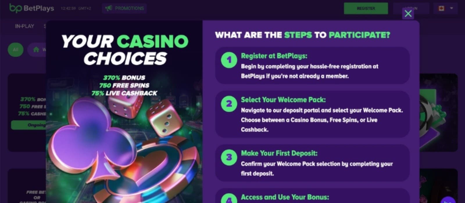 The promotions page of BetPlays Casino displays the welcome package.