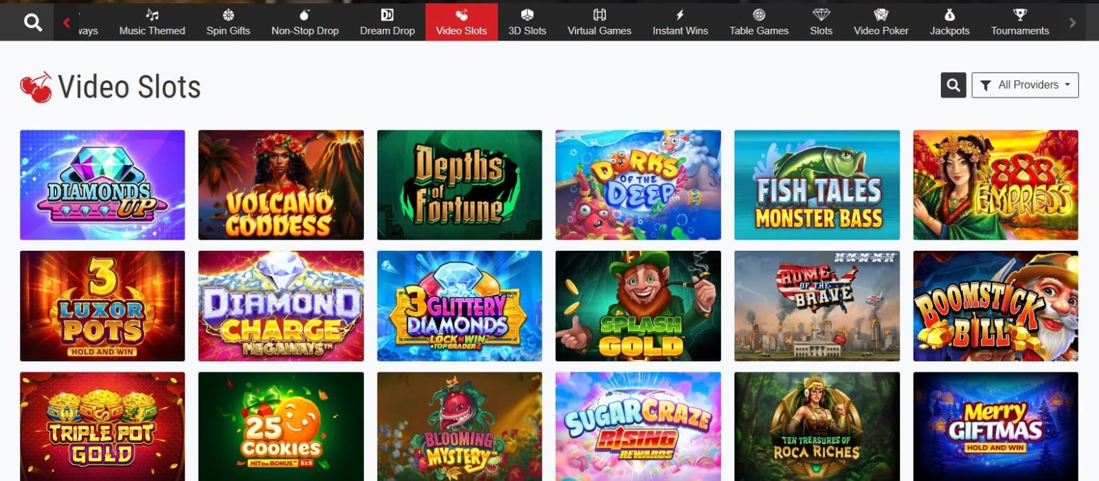 The games page of BetRebels Casino presents a wide variety of slot games, such as Diamonds Up, Volcano Goddess, and more.