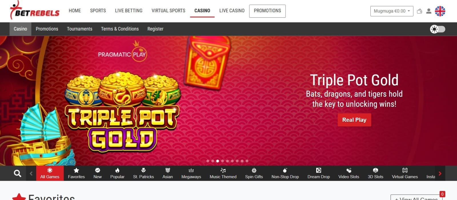 The landing page of BetRebels Casino shows the new release called Triple Pot Gold slot game.