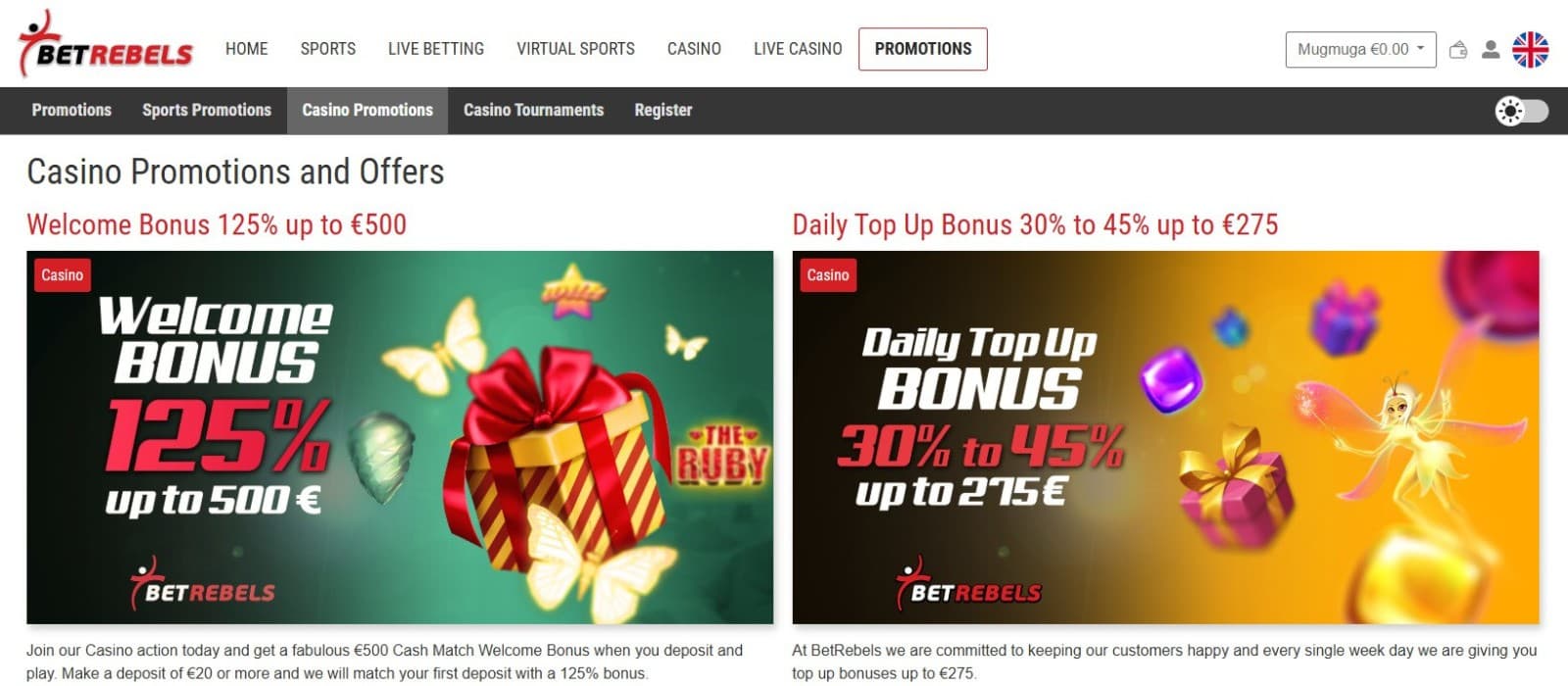  The promotions page of BetRebels Casino displays the casino bonuses, such as the welcome bonus and the daily top up bonus.