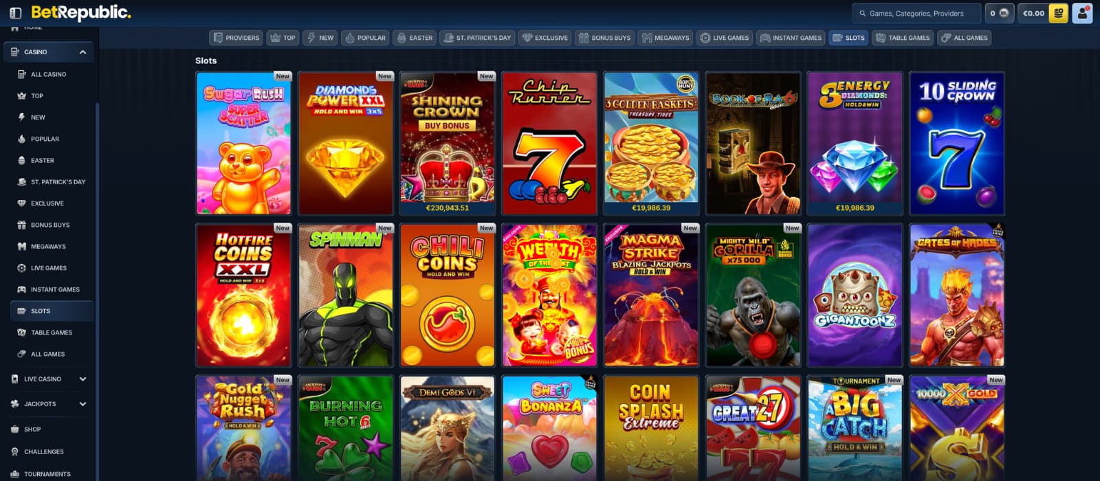 BetRepublic casino game lobby with slot games, categories, and filtering options for providers and features