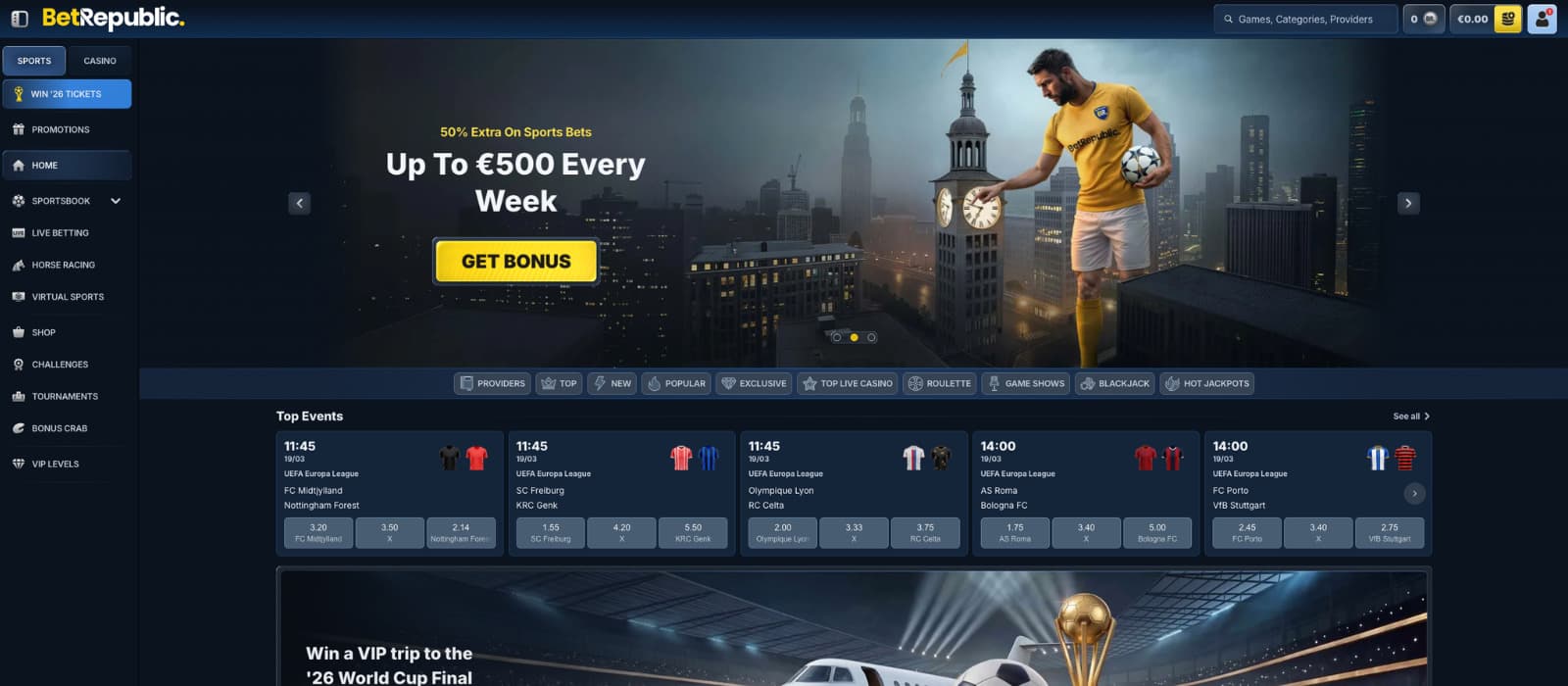 BetRepublic homepage showing sportsbook welcome bonus, featured events, and main navigation menu