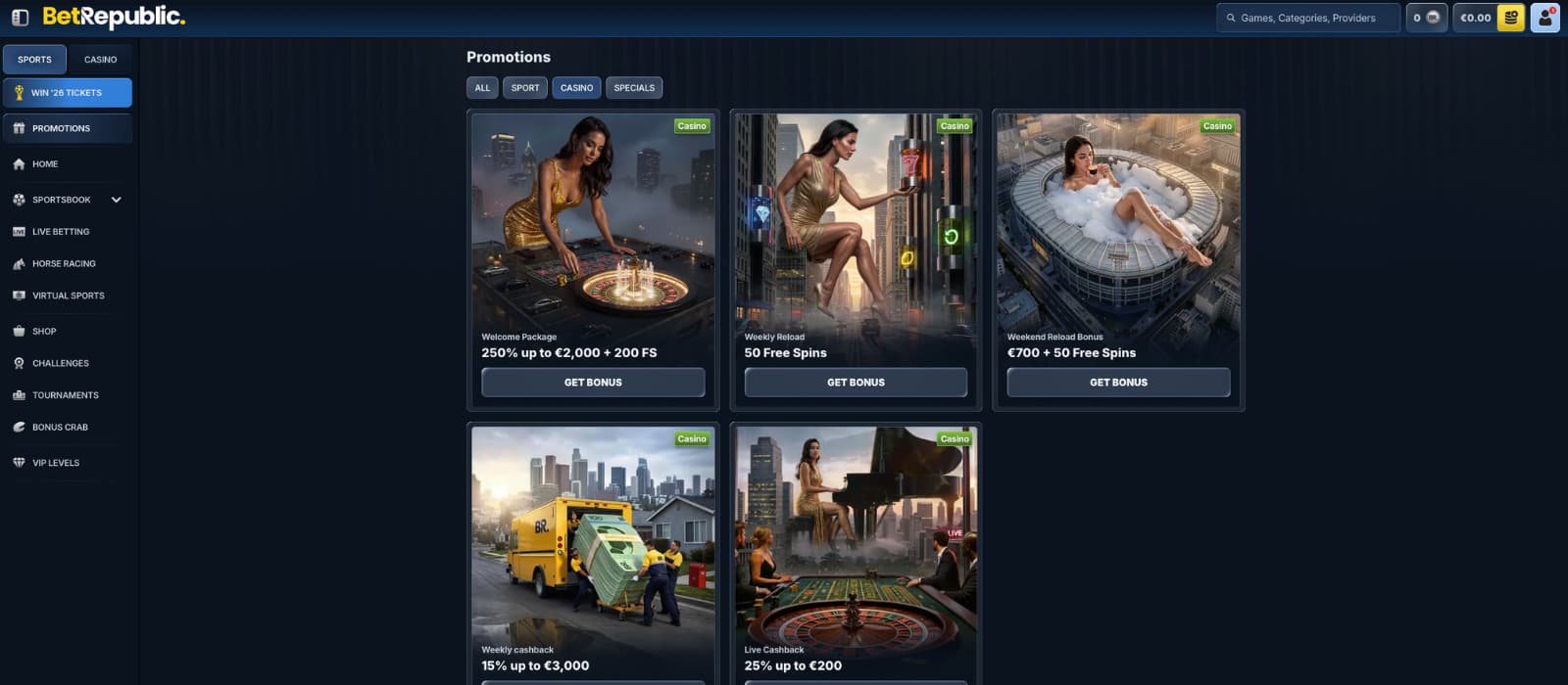 BetRepublic promotions page displaying welcome bonus, reload offers, cashback deals, and free spins campaigns