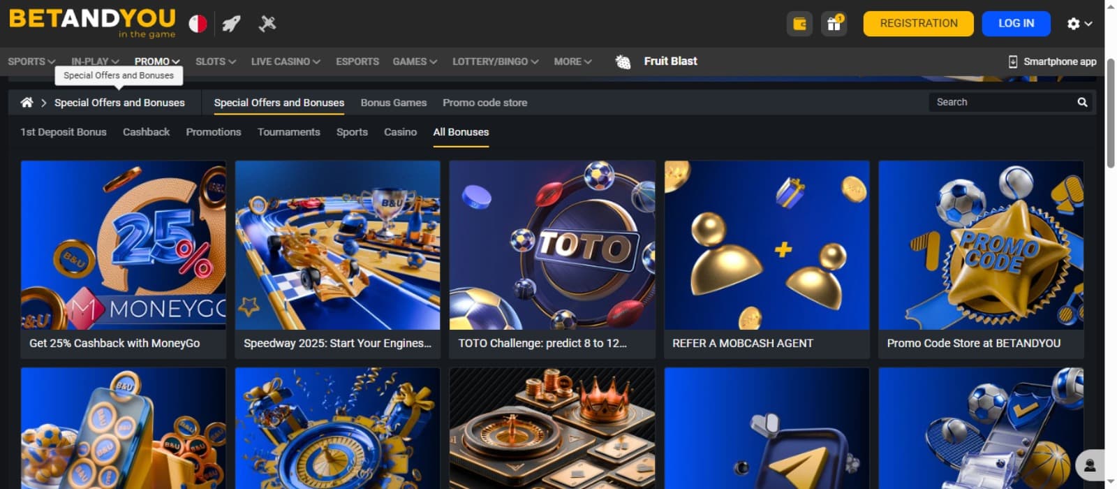 BetandYou Casino promotions page with the various bonus offer banners and top navigational menus