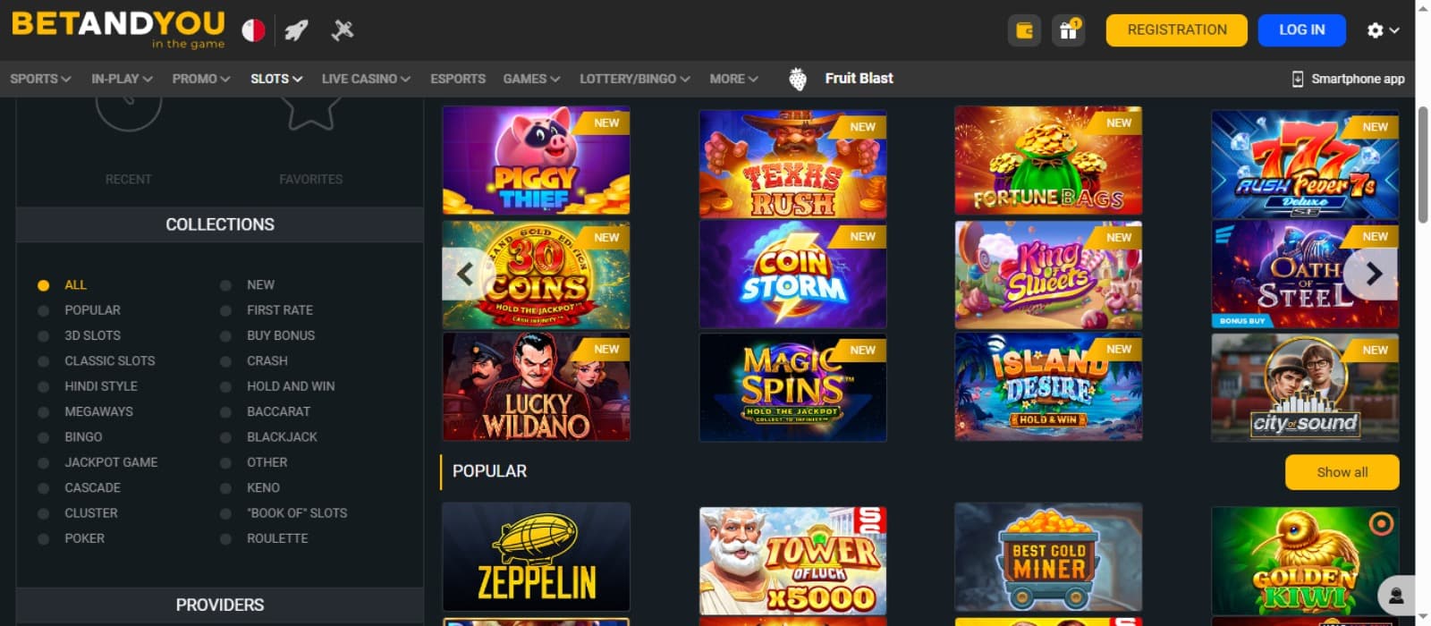 BetandYou Casino games page with the colorful slot game icons and game categories on the left side and top navigational menus