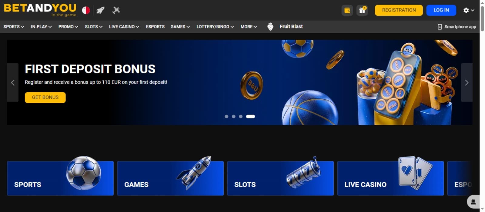 BetandYou Casino landing page with the first deposit bonus offer banner, casino games sections below and top navigation menus