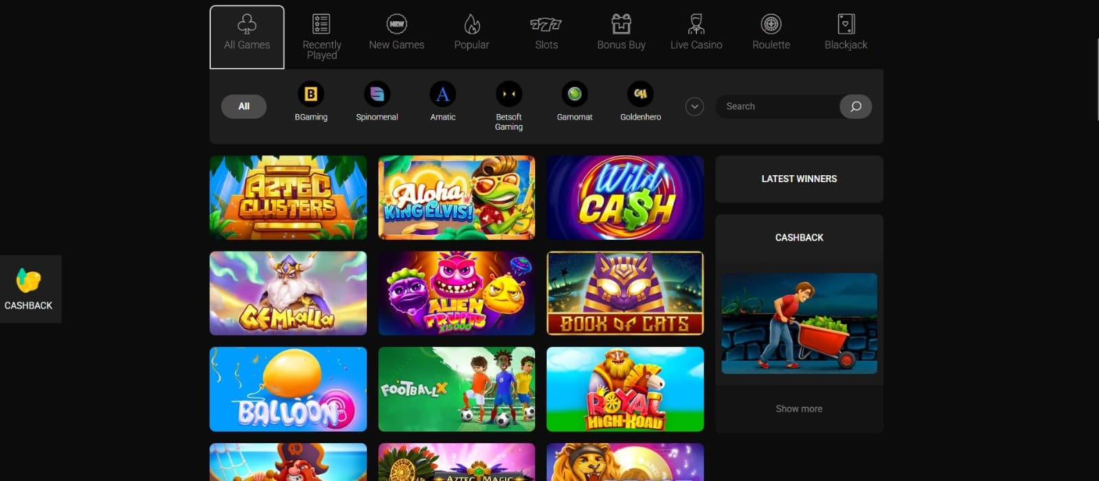 The games page of Betchan Casino showcases a range of casino games, such as Aztec Clusters, Aloha King Elvis, and more.