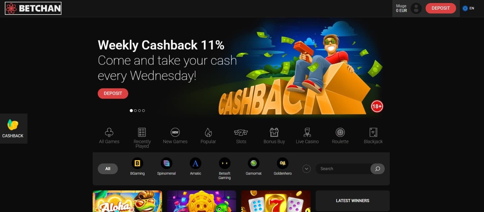 The landing page of Betchan Casino displays the weekly cashback bonus of 11%.