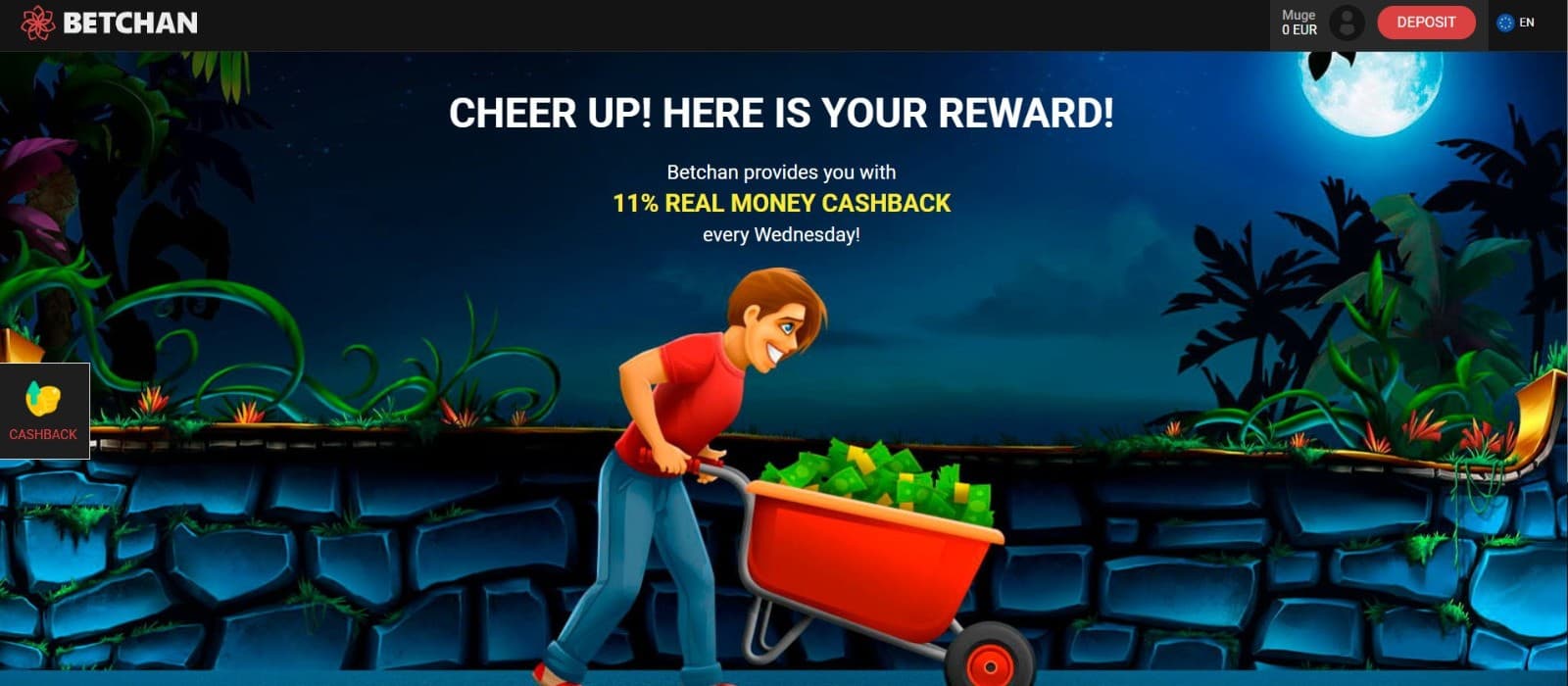 The promotions page of Betchan Casino displays the weekly cashback offer of 11%.