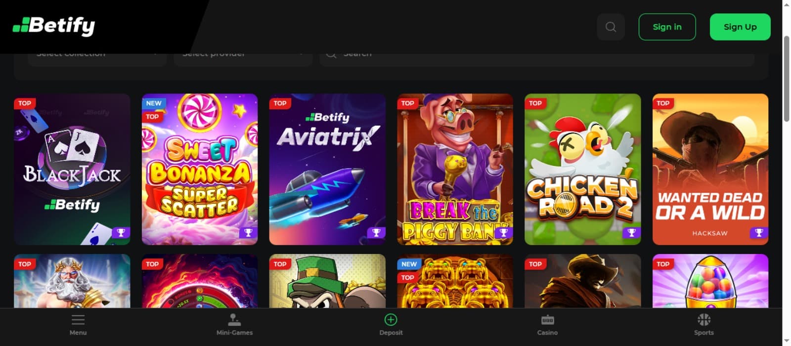Betify Casino games page with the colorful slot game icons, casino logo on the left and sign up box on the top right