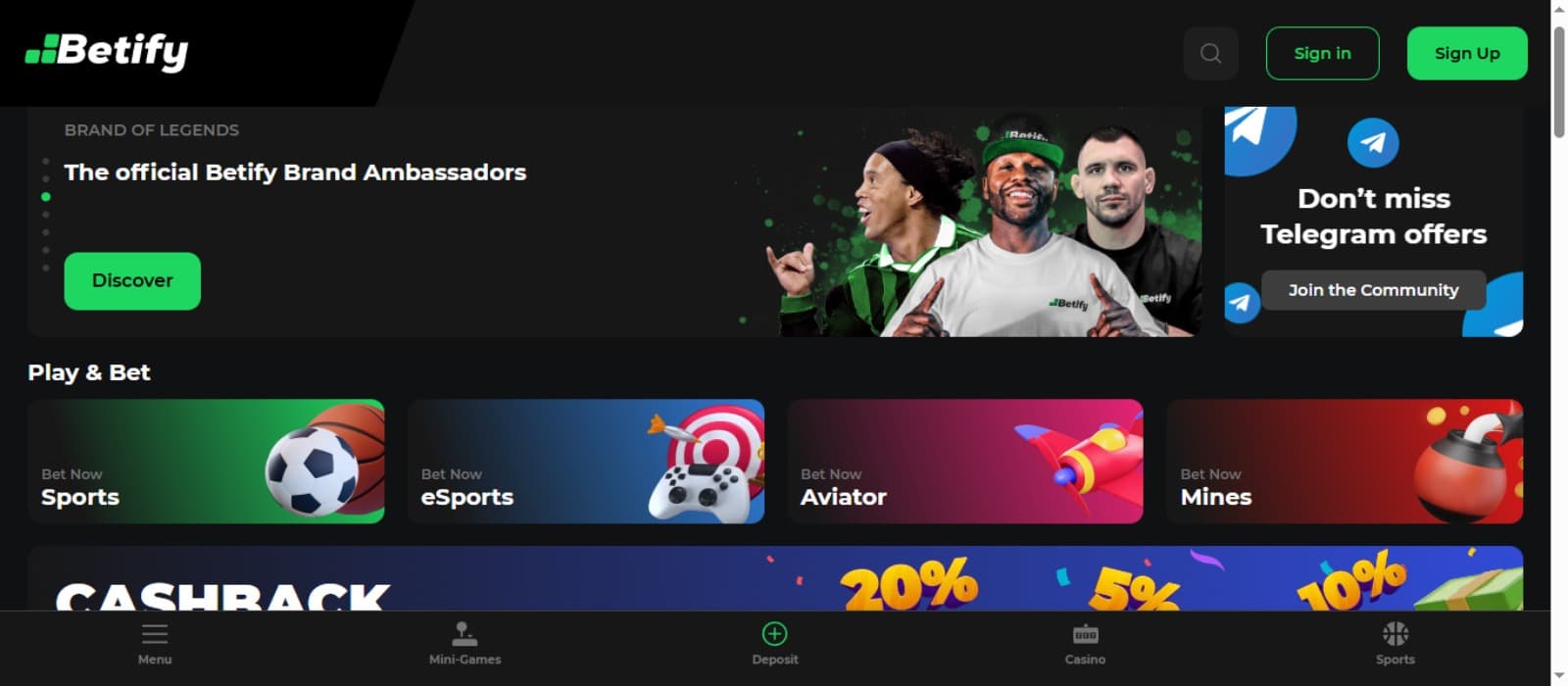 Betify Casino landing page with the game categories, cashback banner, sign up menu and banner of official ambassadors displaying images of famous football players
