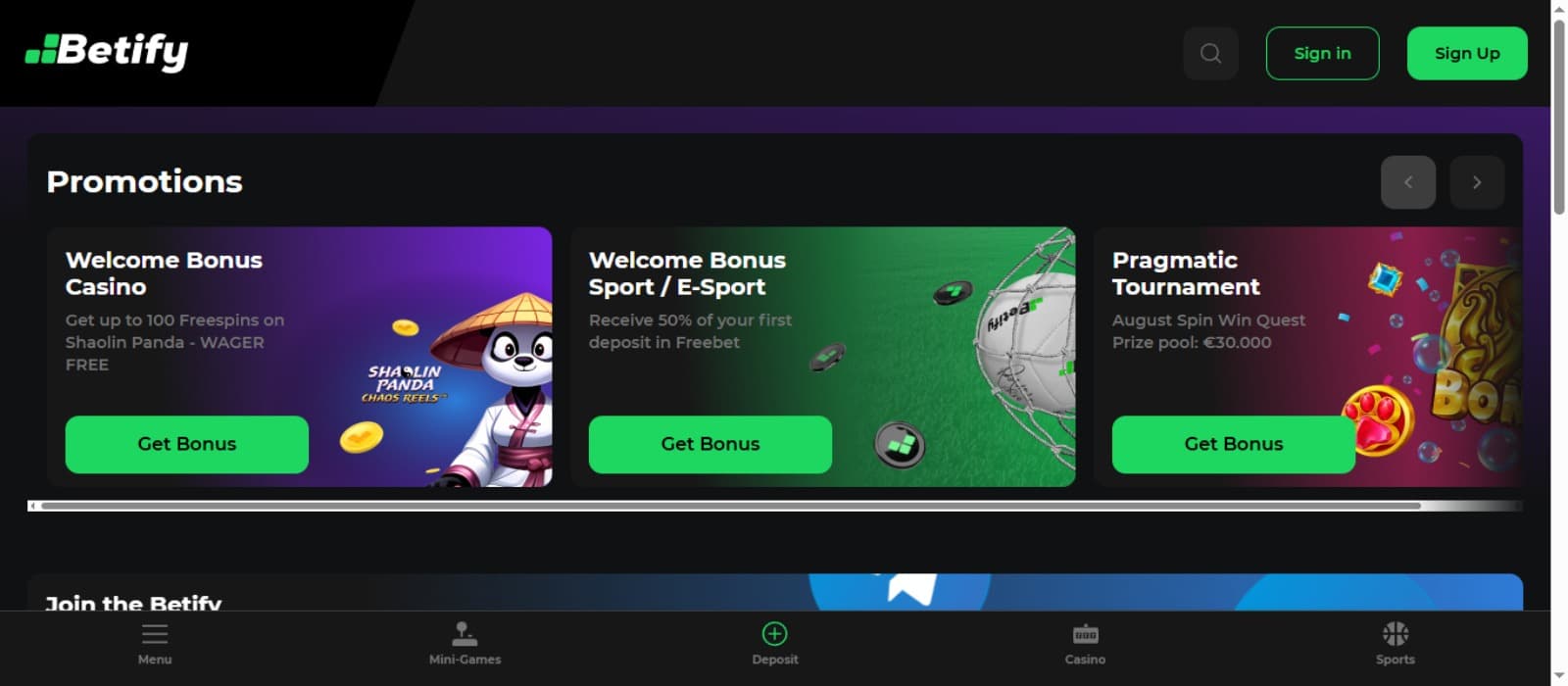 Betify Casino promotions page with the various bonus offer banners, their descriptions and sign up box at the top right