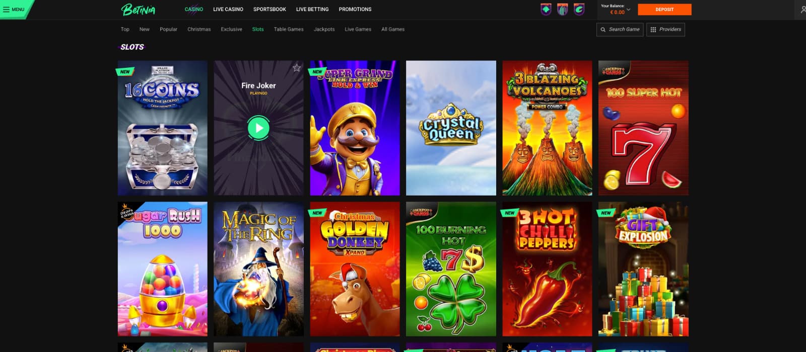Betinia Casino slots lobby displaying a selection of popular and new slot games with filtering options at the top.