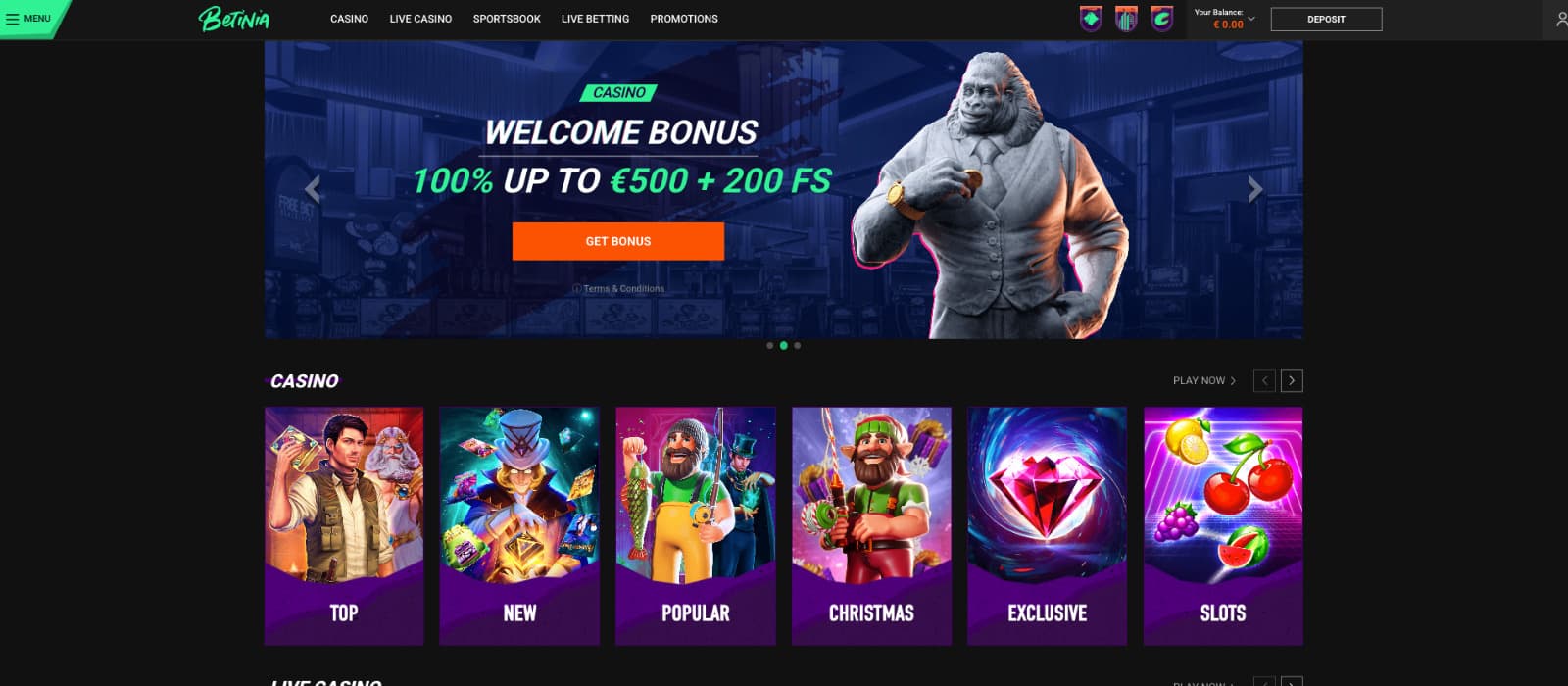 Betinia Casino homepage featuring the welcome bonus banner and a preview of casino game categories.