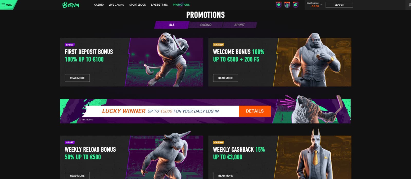Betinia Casino promotions page showing the welcome bonus, weekly reload bonus, cashback offer, and sports-related promotions