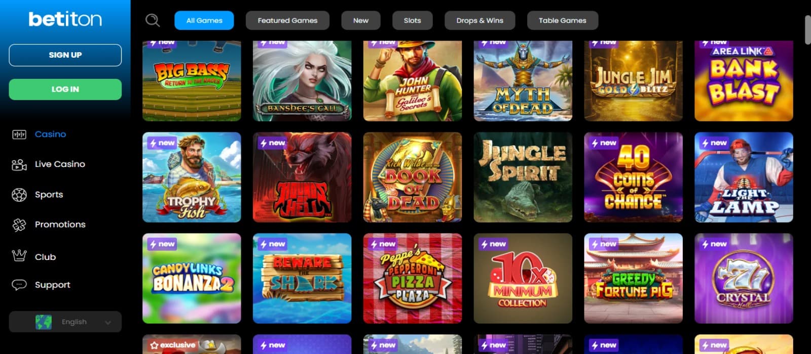 Betiton Casino games page with the colorful slot game icons, and right hand side navigational panel